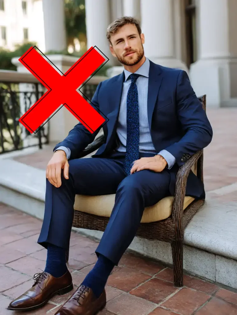 Styling mistake with no color contrast in a full navy outfit