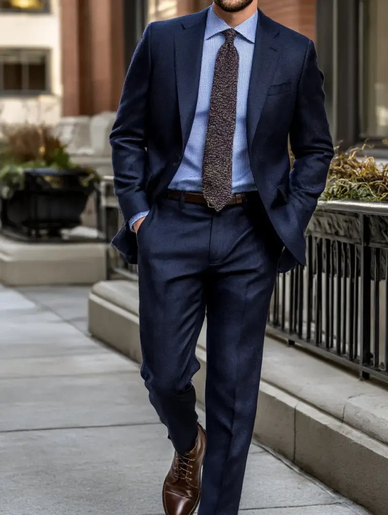 Man wearing navy flannel suit with textured tie and leather boots for fall