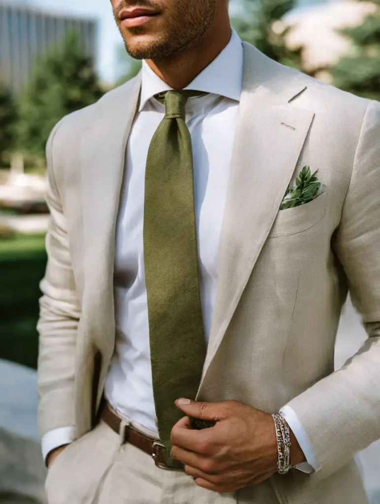Man wearing beige linen suit with white shirt and olive green tie