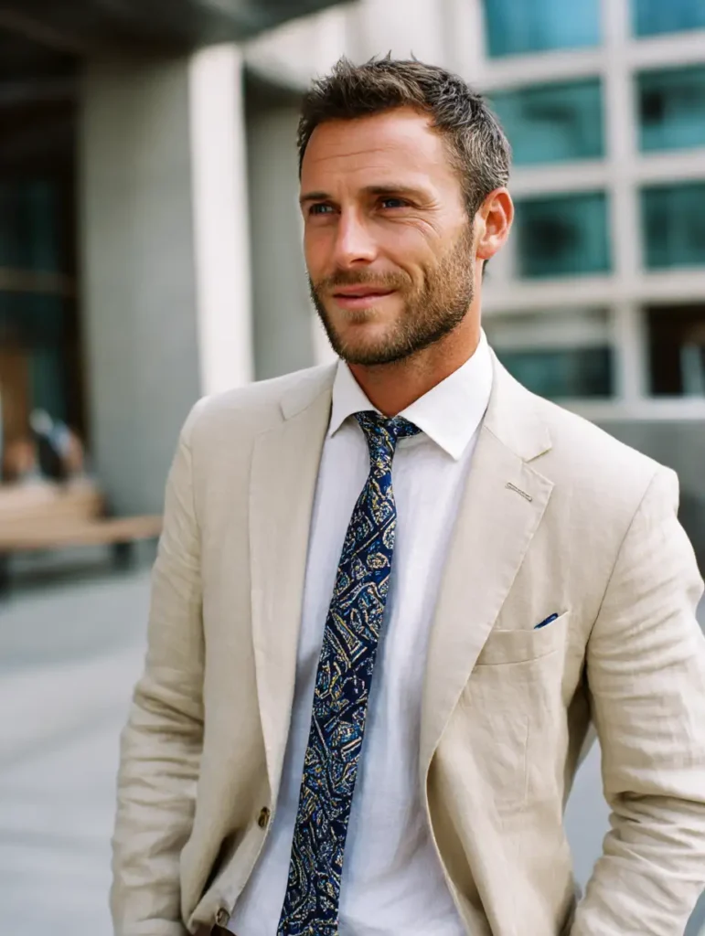 Beige suit with white linen shirt and navy patterned tie, a refined combo from the best suit colors for men