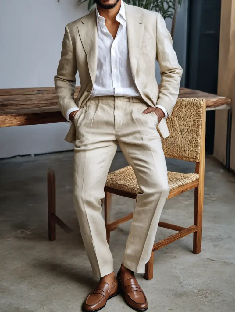Light neutral suit styled with relaxed white shirt and slip-on shoes