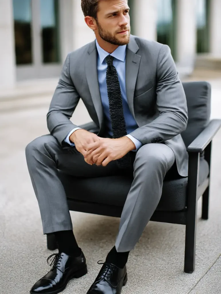 Man wearing charcoal gray suit with soft blue shirt and charcoal knit tie