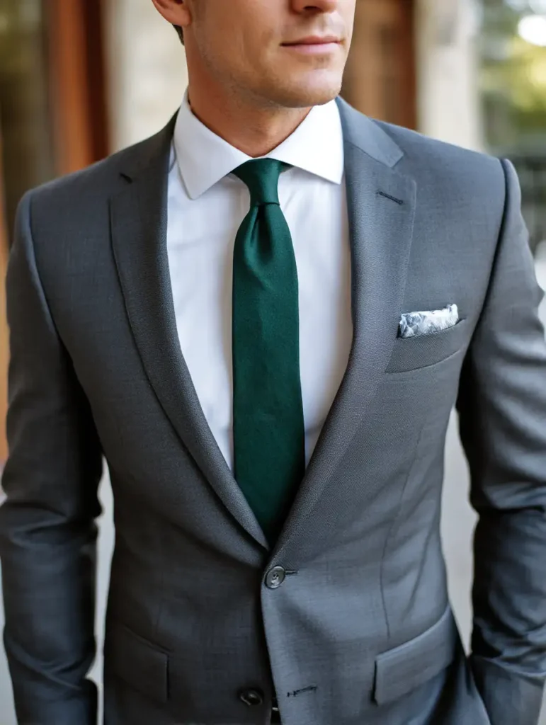 Man wearing charcoal gray suit with white shirt and deep green tie