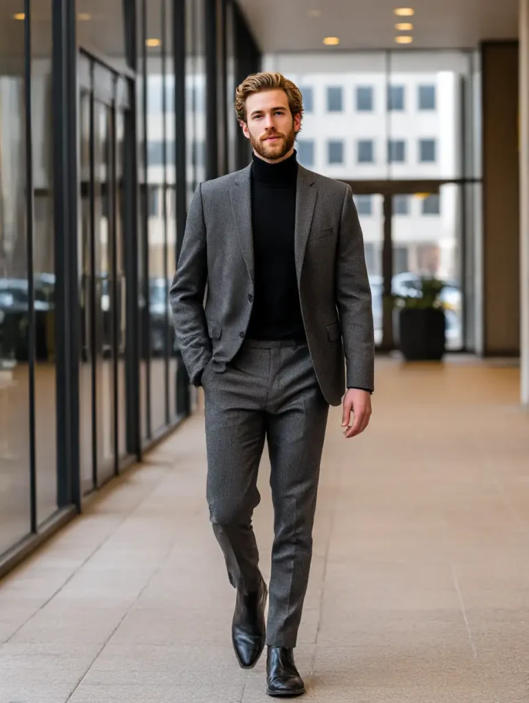 Suit colors for men example: charcoal paired with all-black layers