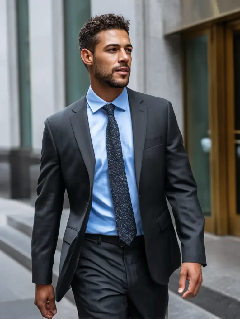 Man wearing charcoal suit with light blue shirt and dark tie