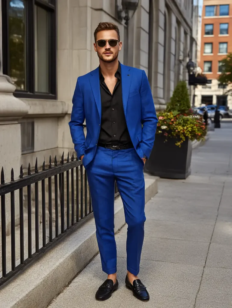 Cobalt blue adds energy to trending suit colors for men when matched with black