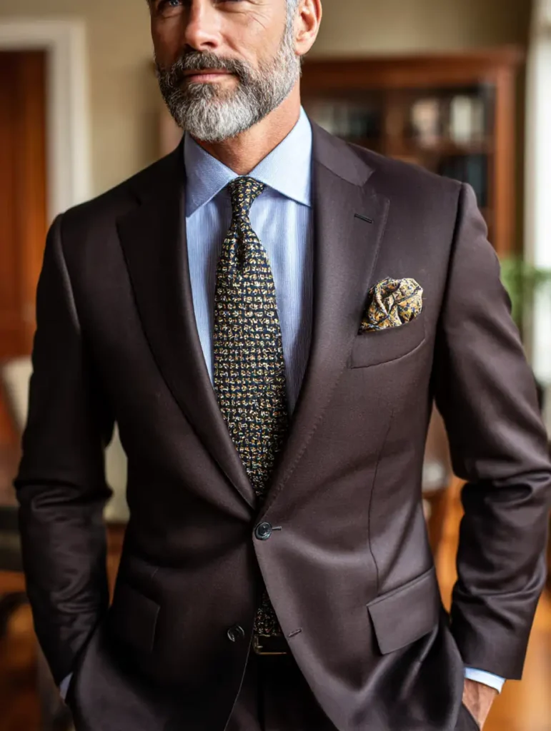 Suit colors for men: espresso wool suit styled with timeless accessories