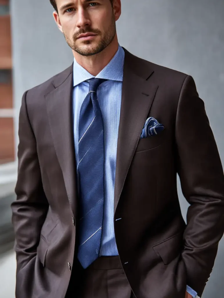 Man wearing dark espresso wool suit in a lighter shade with navy accents
