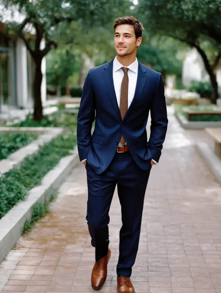 Polished look in navy suit and white shirt, perfect for a spring celebration