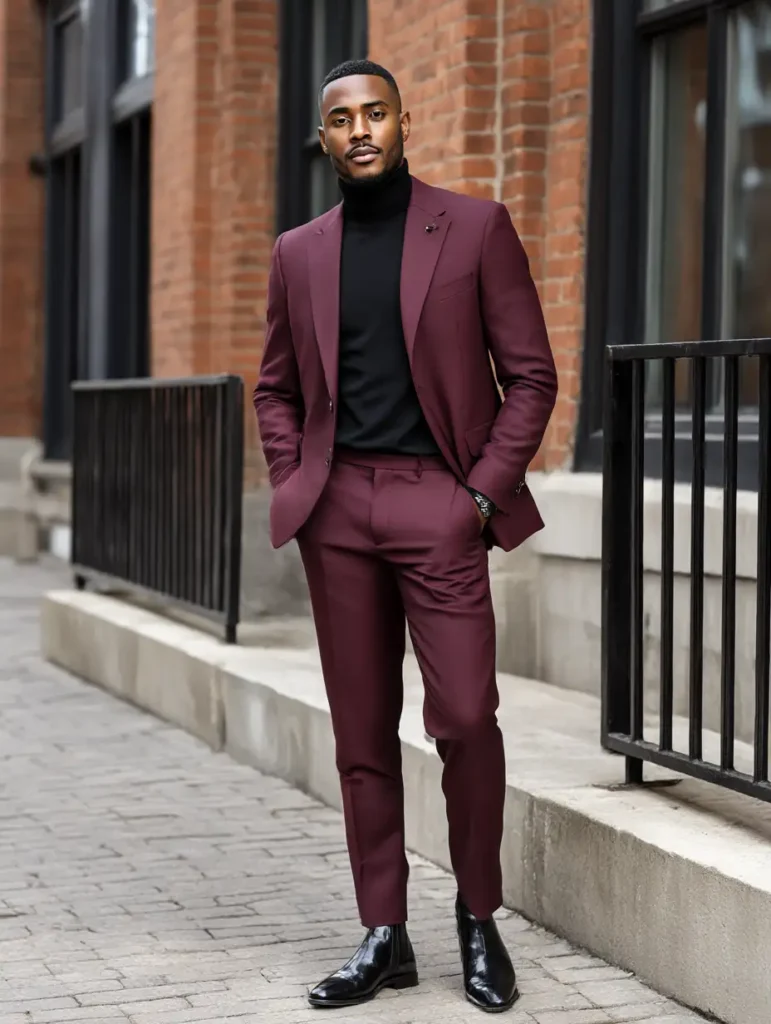 Maroon stands out as one of the most striking suit colors for men when styled with black