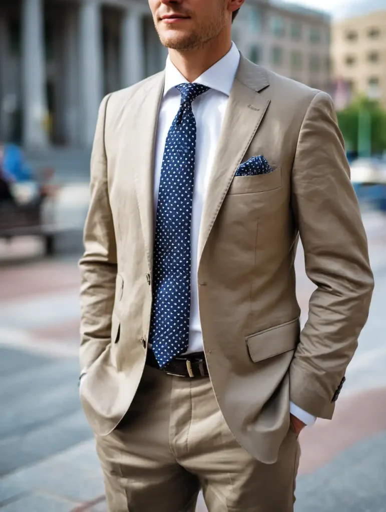 Light brown brings a fresh take to suit colors for men, paired with navy and white