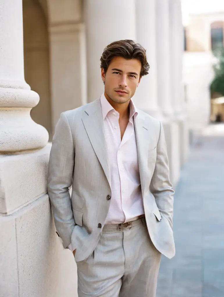 Pastel shirt adds gentle contrast to a sleek light gray suit