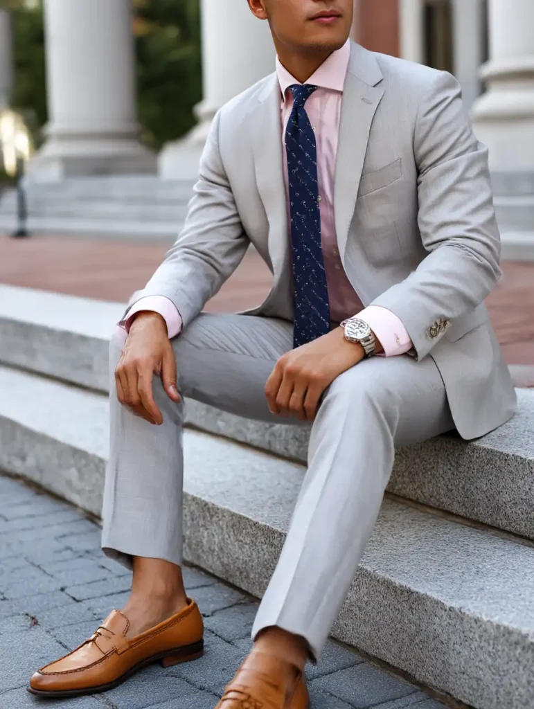 Man wearing light gray suit with pale pink shirt and navy tie