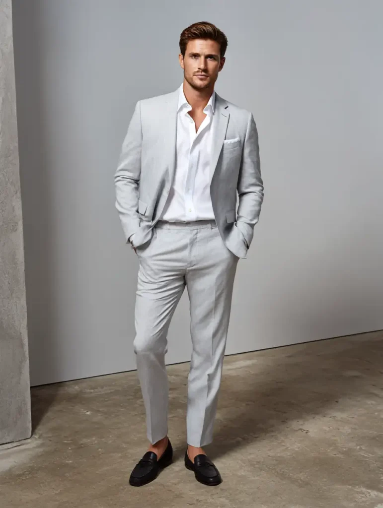 Chic menswear ensemble featuring gray suit and white shirt