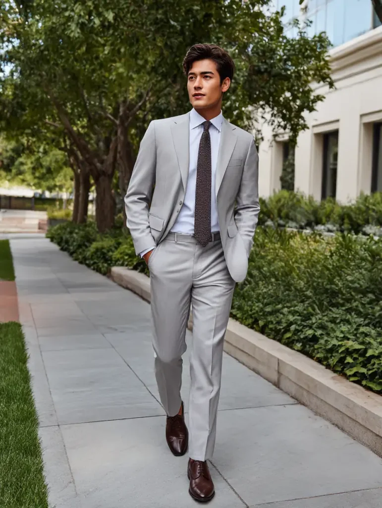 Man wearing light gray suit with white shirt, dark tie, and clean dress shoes