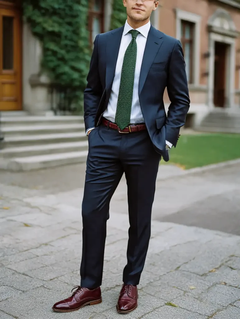 Classic navy suit paired with bold green tie and deep red oxford shoes