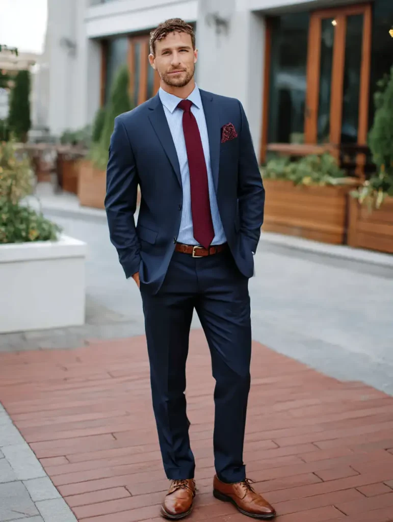 Sophisticated outfit with deep blue suit and classic brogues