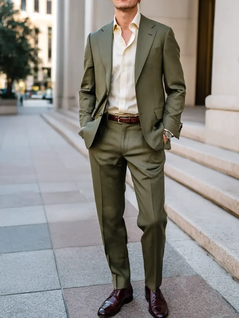 Olive green is a versatile addition to suit colors for men, especially paired with cream and dark brown