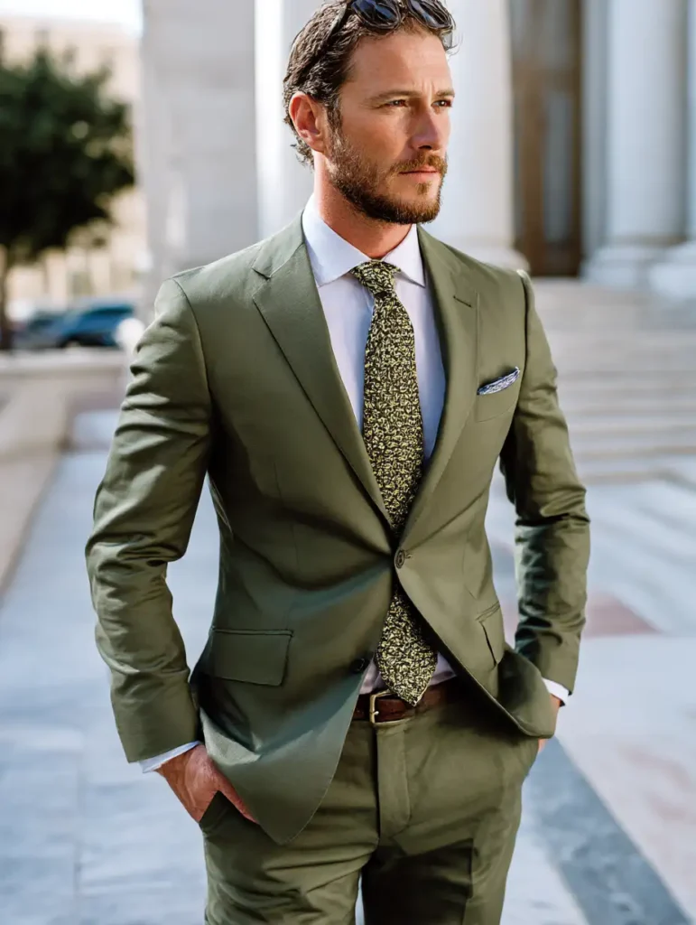 Man wearing olive green suit with dress shirt and matching olive tie