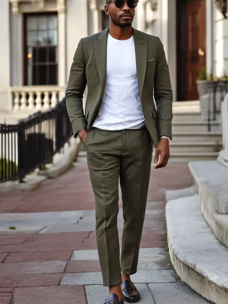 Smart casual outfit featuring green tailoring and slip-on shoes