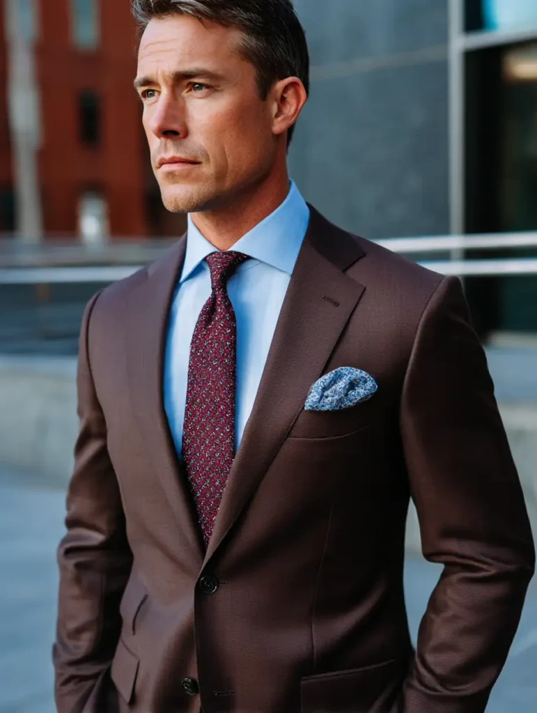 Man wearing rich brown suit with light blue shirt and burgundy tie