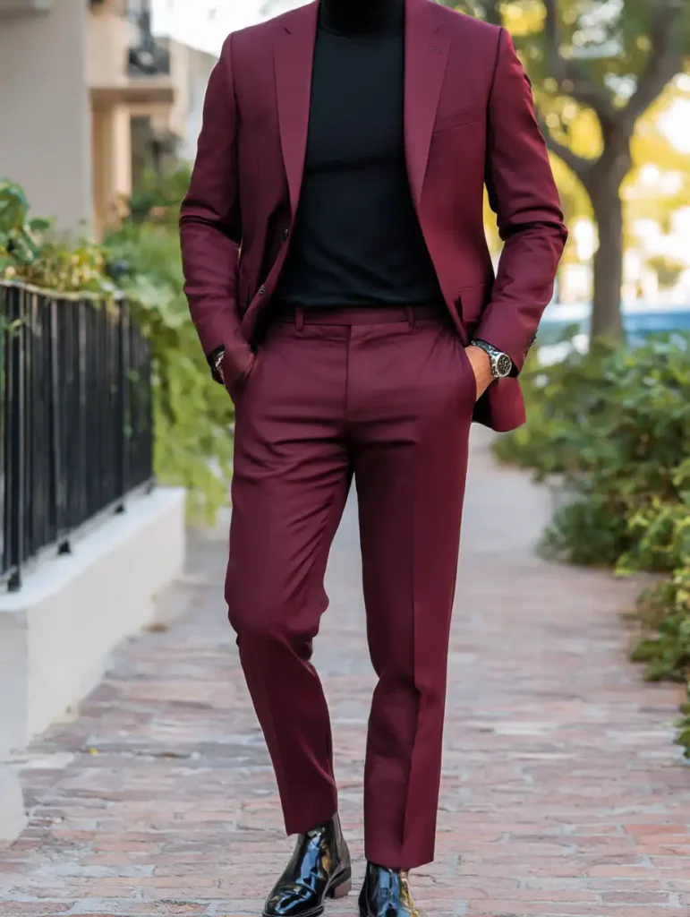 Suit colors for men take a bold turn with this slim burgundy ensemble and black accents