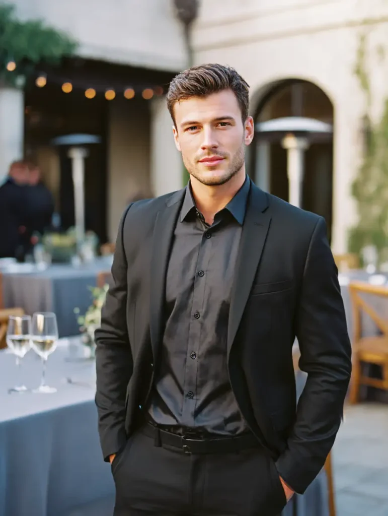 Man wearing slim-fit black suit with dark shirt