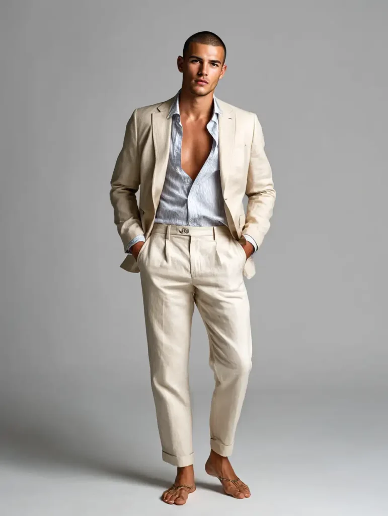 Modern take on tan suit with shirt unbuttoned and cropped pants