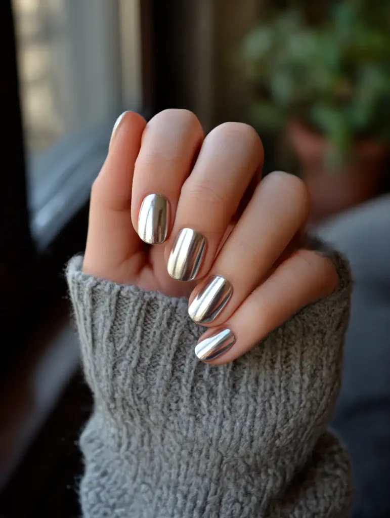 Metallic outfit inspiration with matching chrome nail polish

