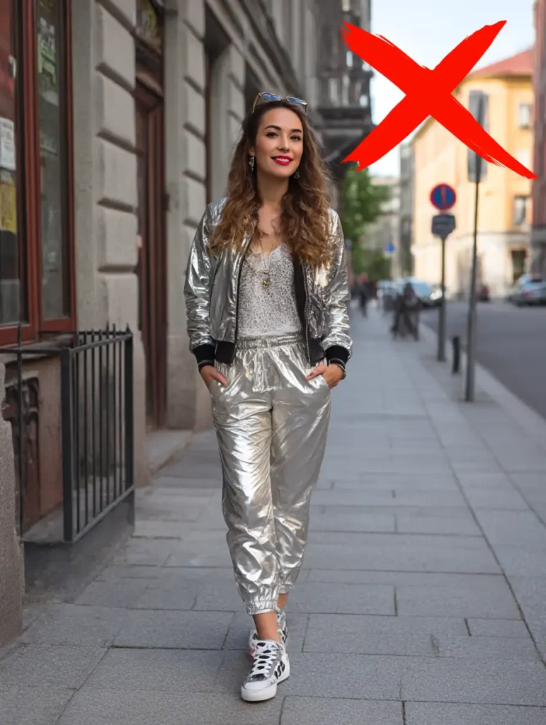 Common metallic outfit mistakes – woman wearing head-to-toe shiny pieces

