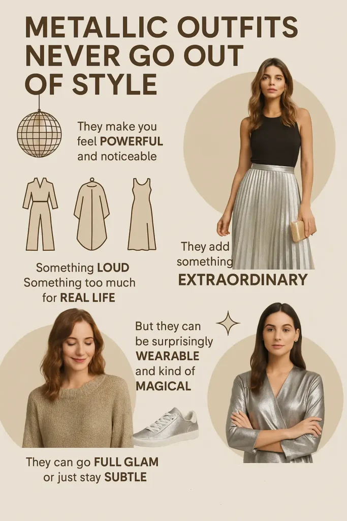 Infographic explaining why metallic outfits stay in fashion over decades

