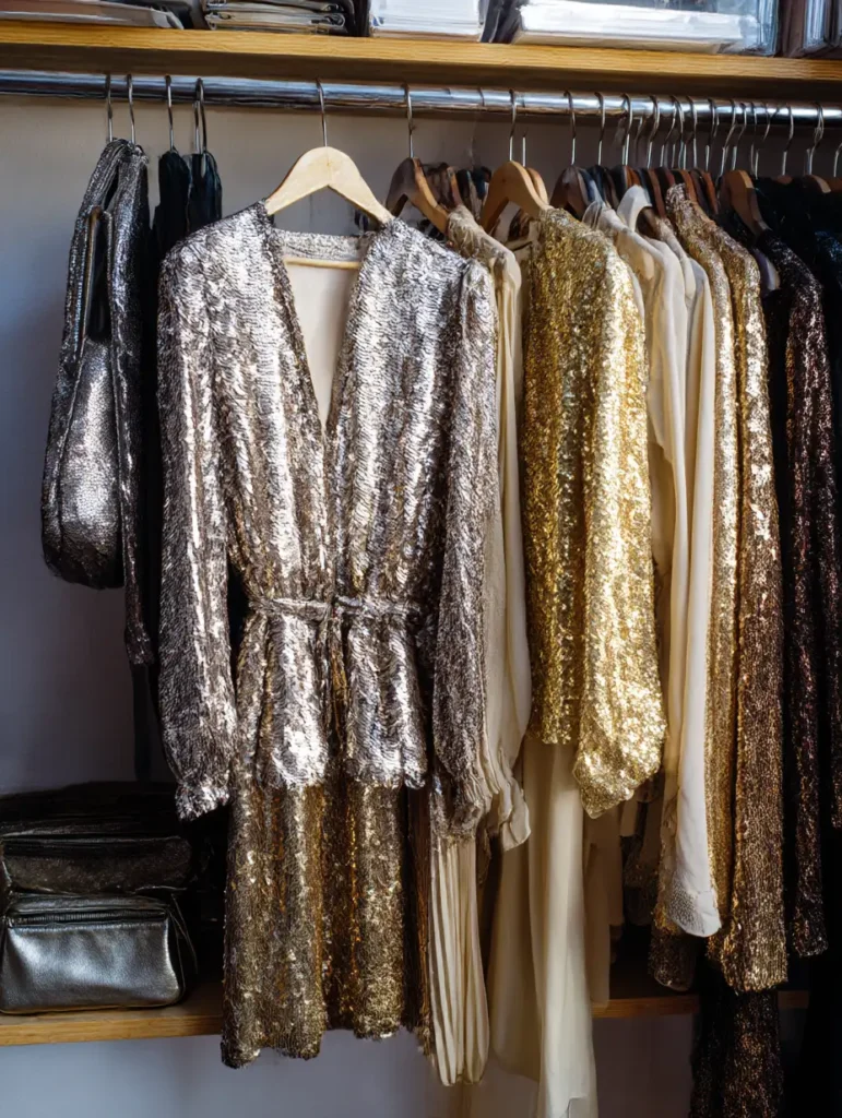 Glamorous vintage clothing featuring sequins, lamé fabric, and metallic details

