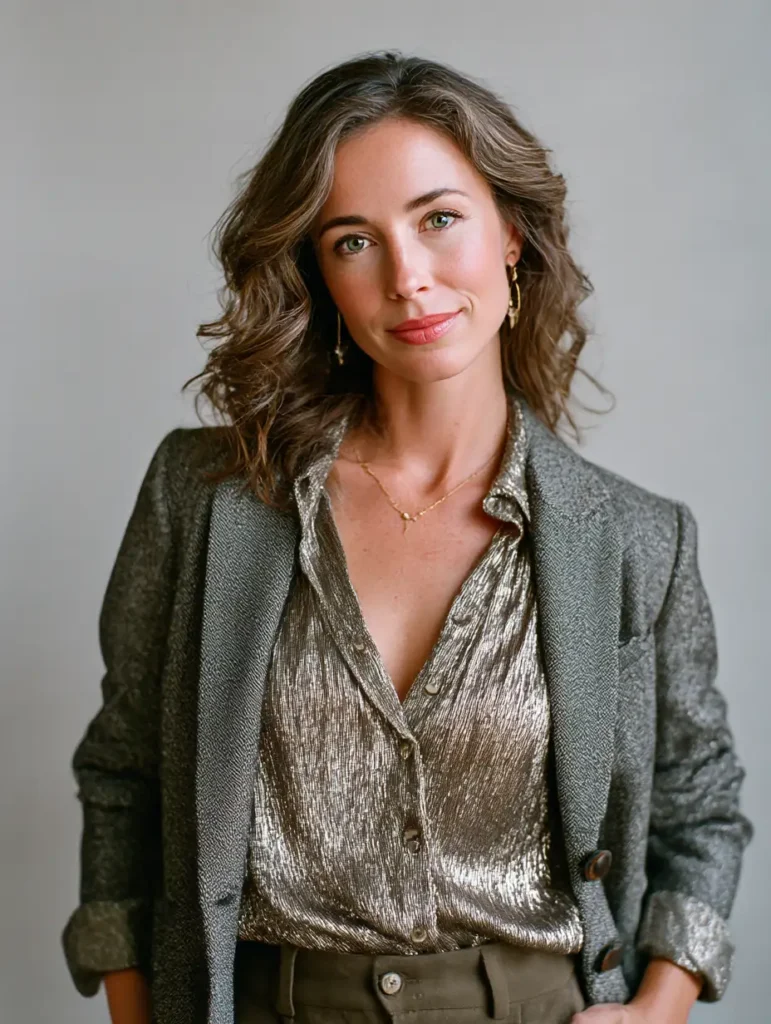 Stylish woman in her forties pairing a blazer with a shimmered blouse

