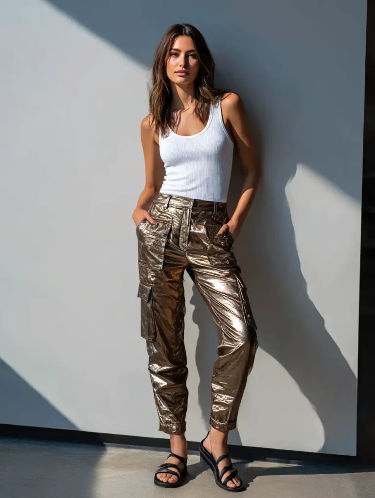 Casual metallic outfit idea with bronze cargo pants and comfy basics

