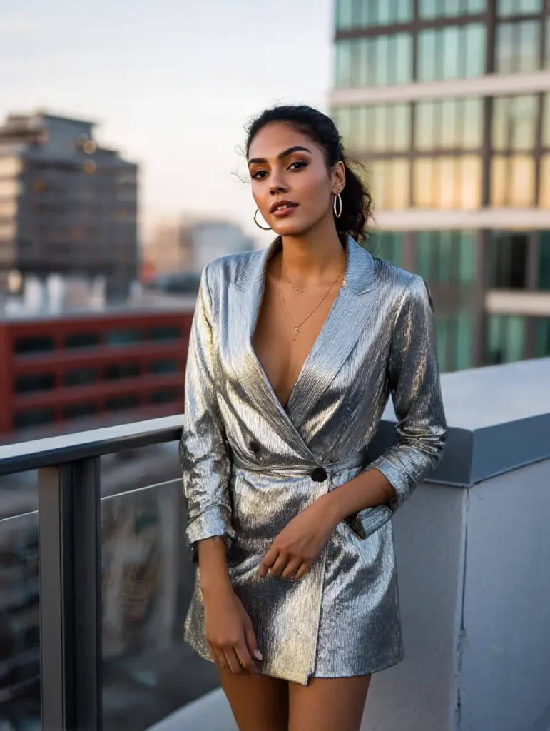 Glamorous metallic outfit with a fitted silver blazer mini dress

