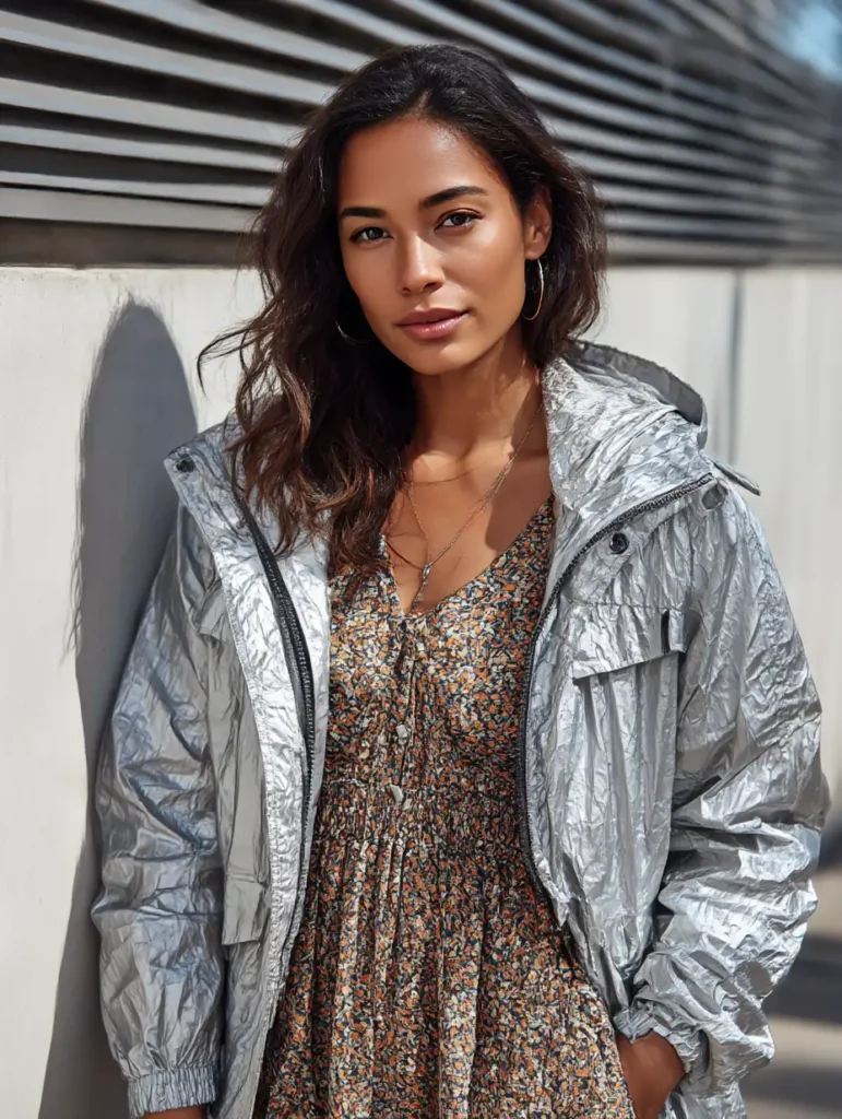 Casual outfit featuring metallic windbreaker over a simple dress

