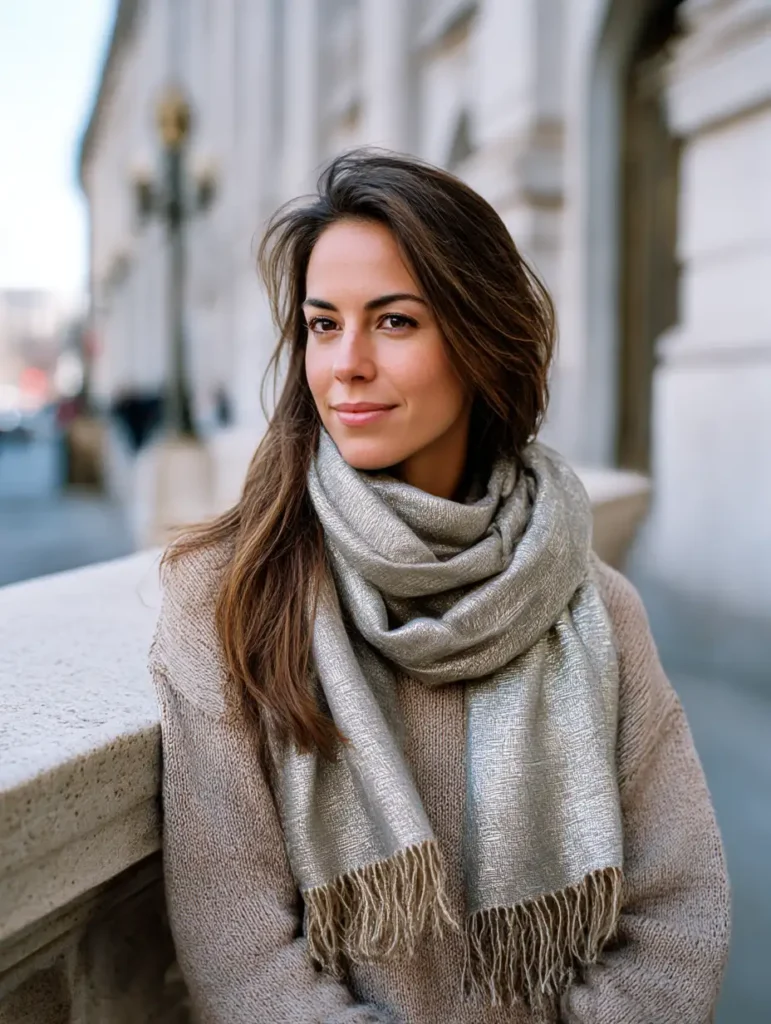 Woman wearing metallic scarf over neutral sweater

