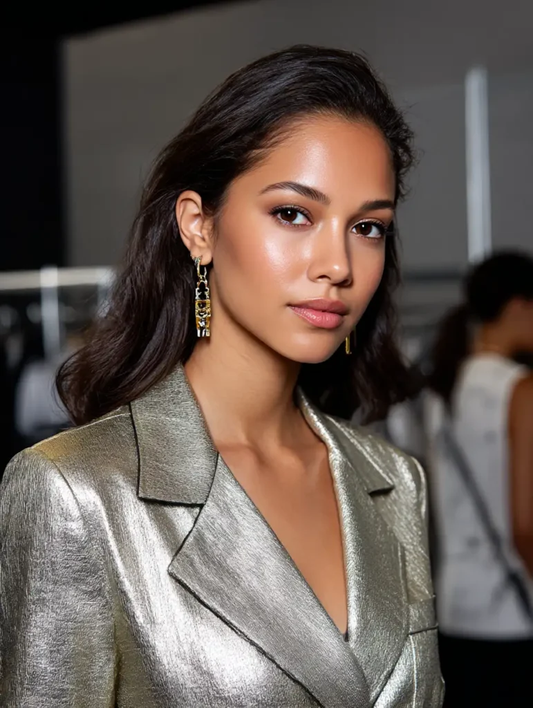 Sleek metallic outfit featuring tailored suit, glowing skin, and natural makeup

