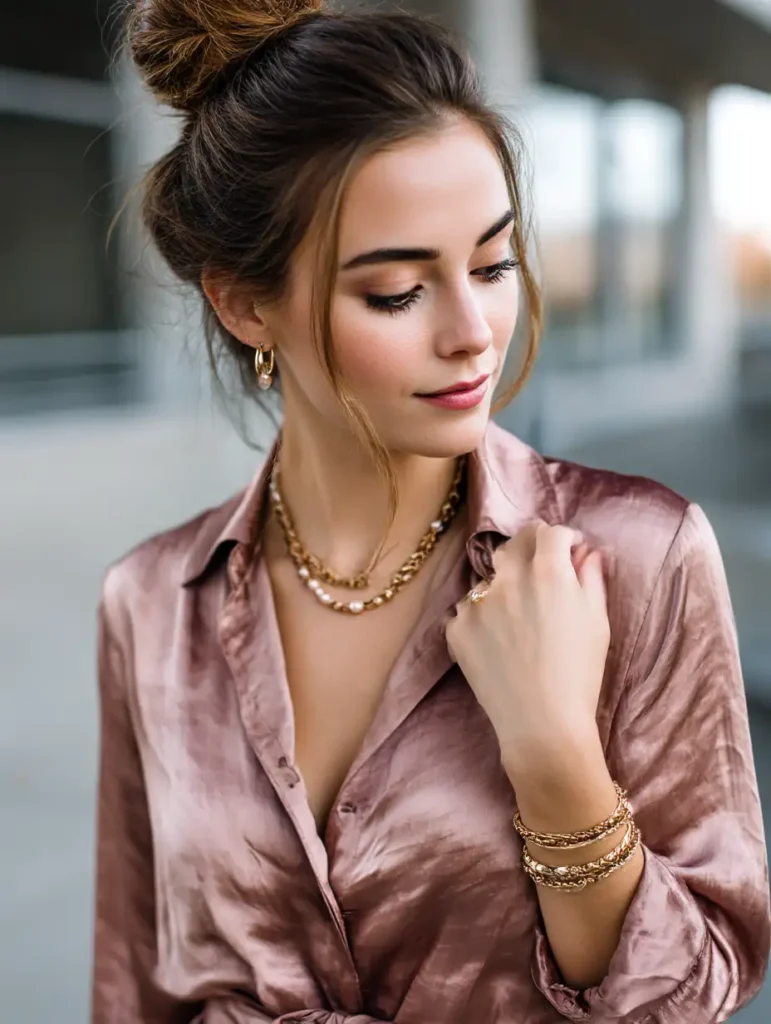 Woman wearing rose gold blouse with simple, minimal accessories


