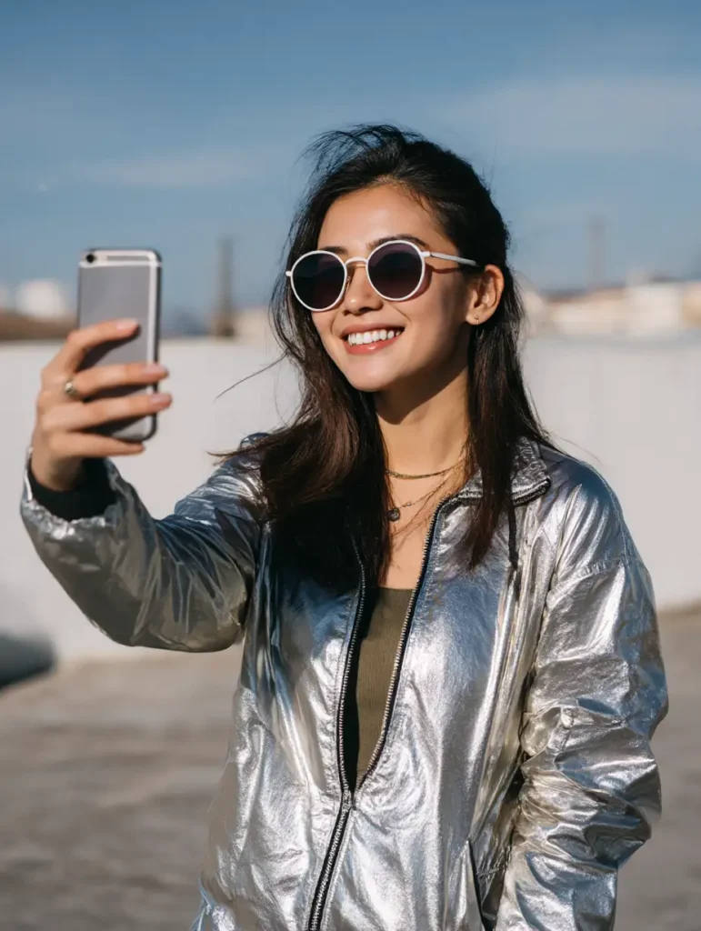 Woman wearing a silver metallic outfit taking a selfie in natural light

