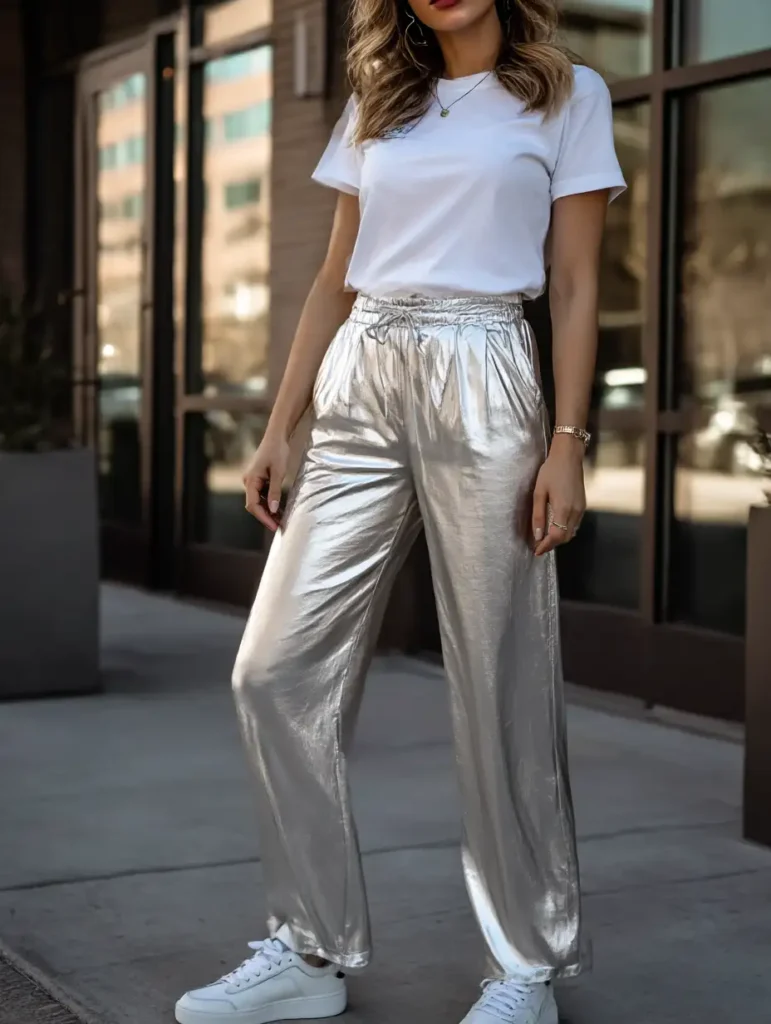 Modern metallic outfit styled with silver trousers, white tee, and sneakers


