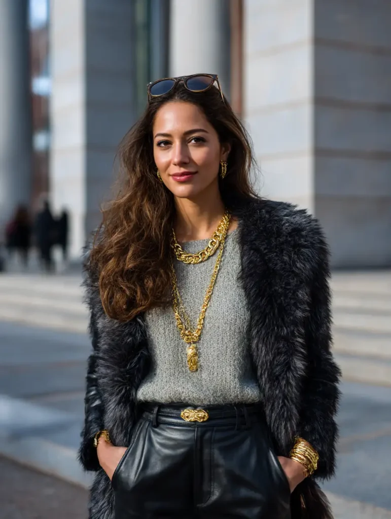 Stylish woman pairing gold jewelry with cozy layered fabrics

